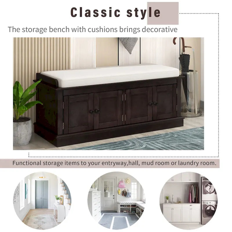 Banc de rangement avec 4 portes et étagères réglables, coussin amovible