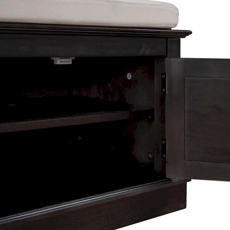 Banc de rangement avec 4 portes et étagères réglables, coussin amovible