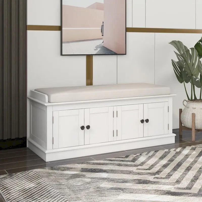 Banc de rangement avec 4 portes et étagères réglables, coussin amovible