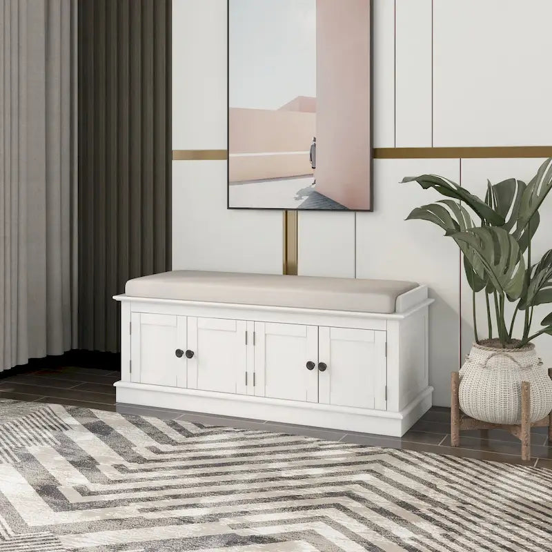 Banc de rangement avec 4 portes et étagères réglables, coussin amovible