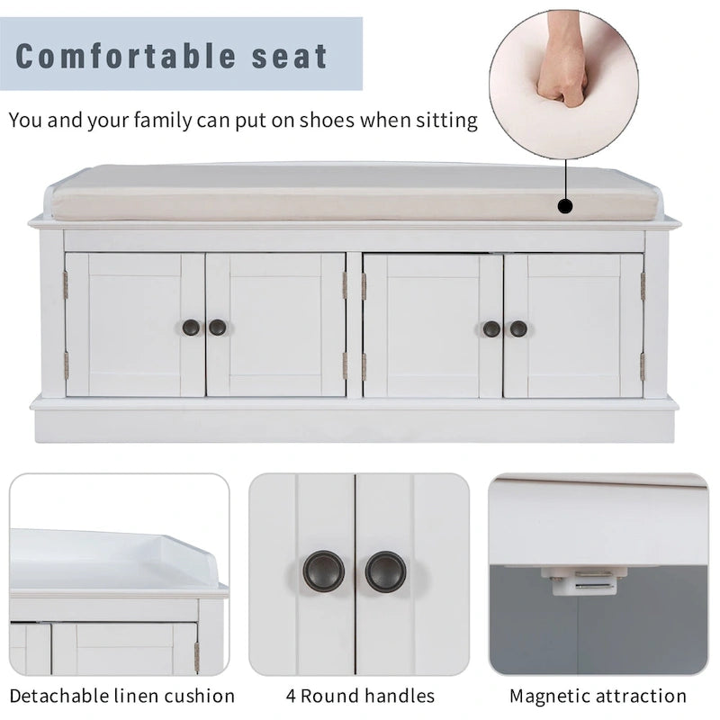 Banc de rangement avec 4 portes et étagères réglables, coussin amovible