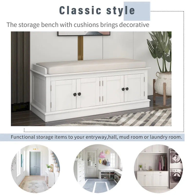 Banc de rangement avec 4 portes et étagères réglables, coussin amovible