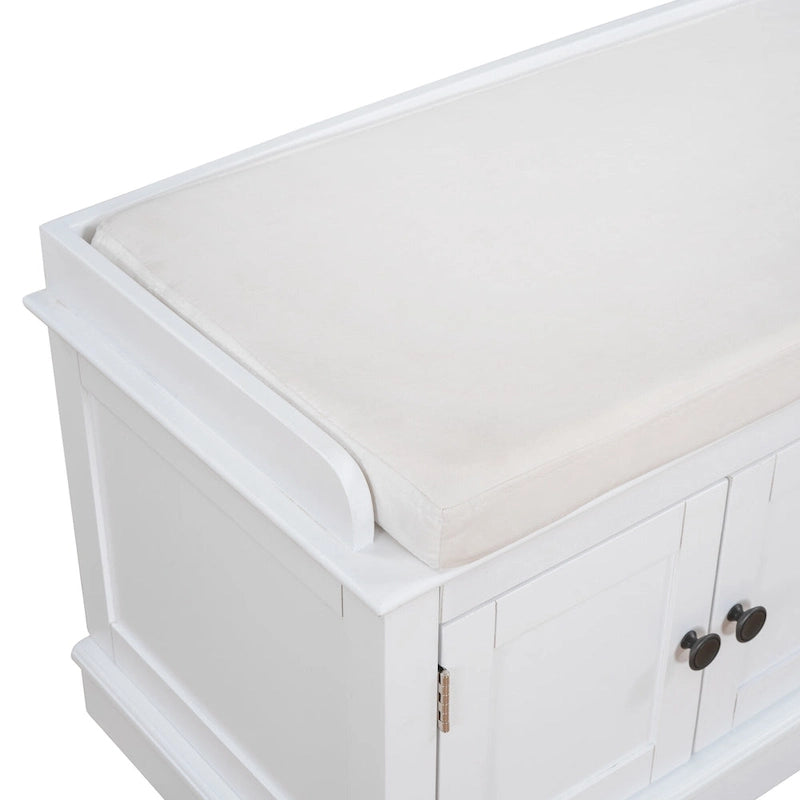 Banc de rangement avec 4 portes et étagères réglables, coussin amovible