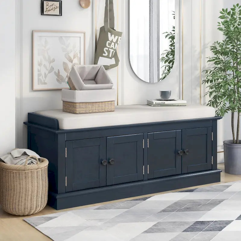 Banc de rangement avec 4 portes et étagères réglables, coussin amovible