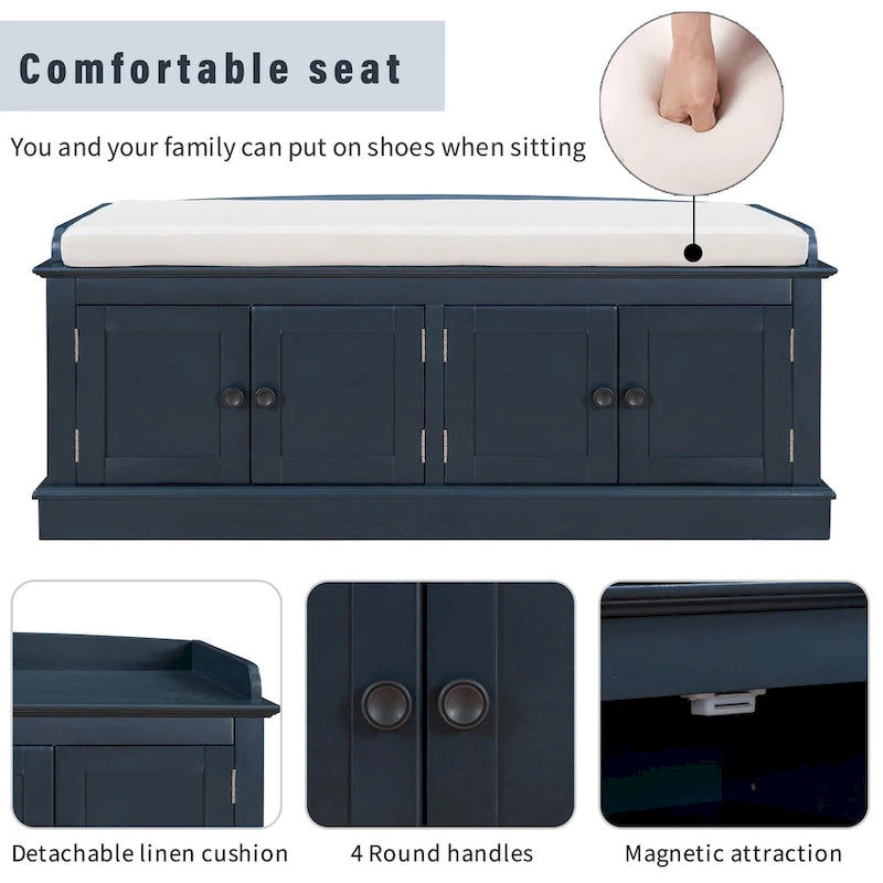 Banc de rangement avec 4 portes et étagères réglables, coussin amovible