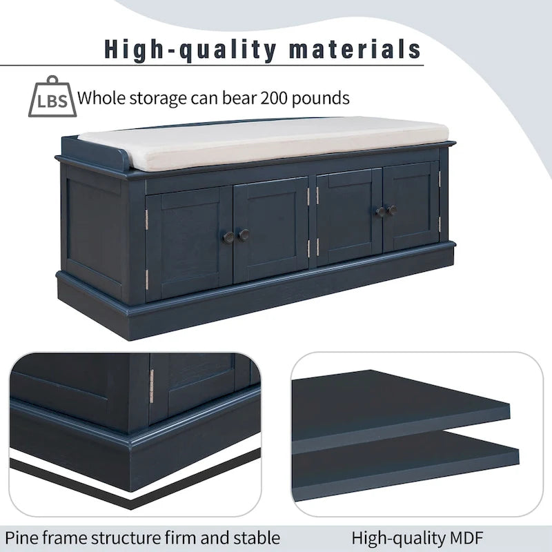 Banc de rangement avec 4 portes et étagères réglables, coussin amovible