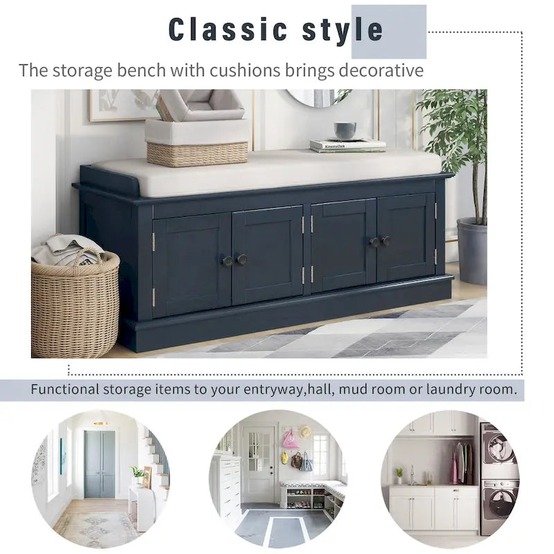 Banc de rangement avec 4 portes et étagères réglables, coussin amovible