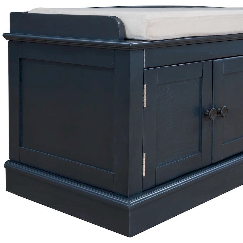 Banc de rangement avec 4 portes et étagères réglables, coussin amovible