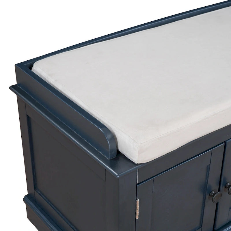 Banc de rangement avec 4 portes et étagères réglables, coussin amovible