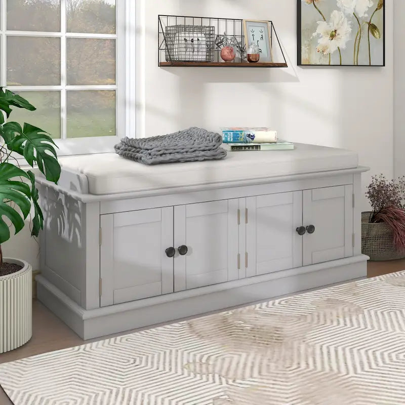 Banc de rangement avec 4 portes et étagères réglables, coussin amovible