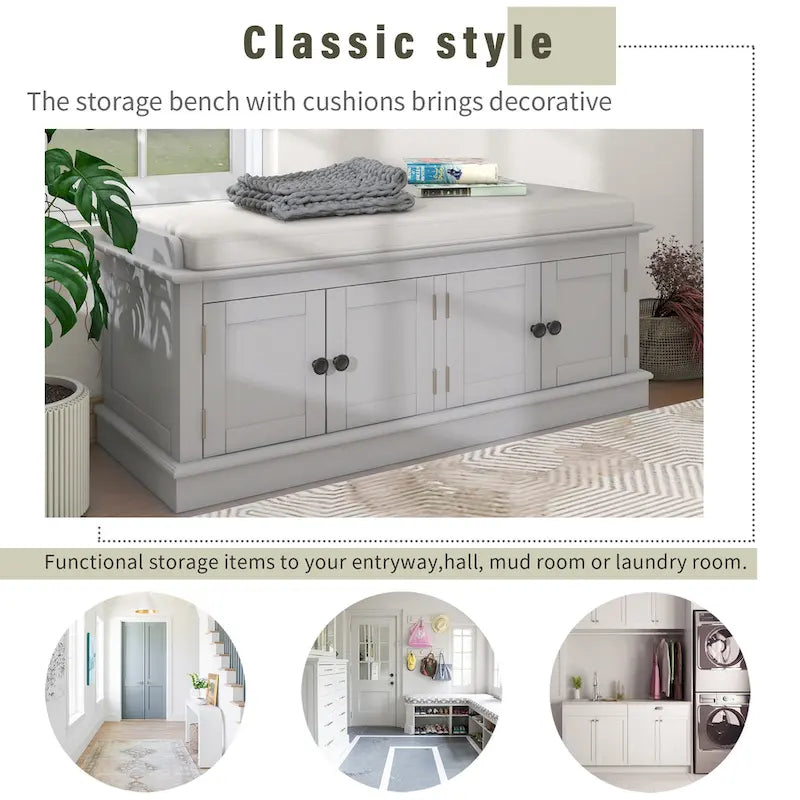 Banc de rangement avec 4 portes et étagères réglables, coussin amovible