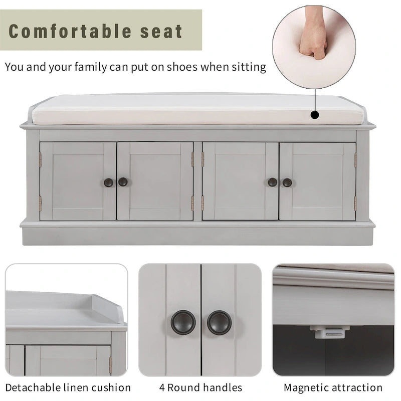 Banc de rangement avec 4 portes et étagères réglables, coussin amovible