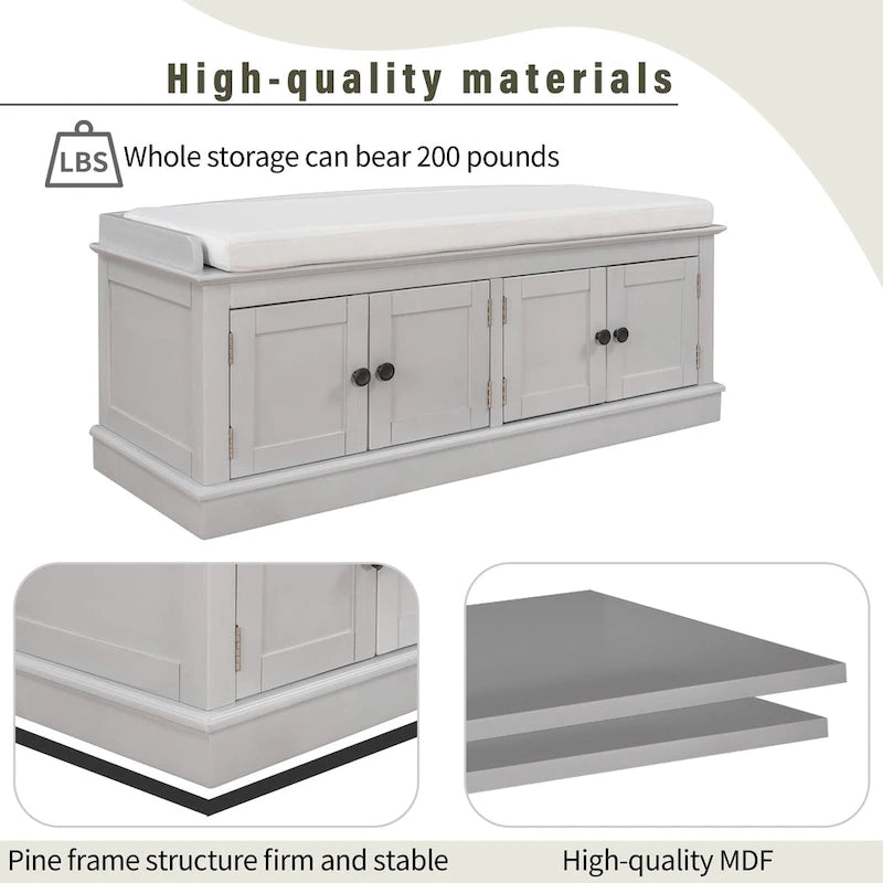 Banc de rangement avec 4 portes et étagères réglables, coussin amovible