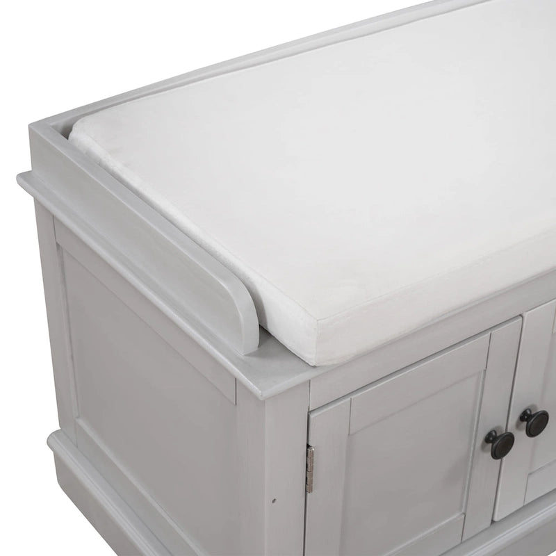 Banc de rangement avec 4 portes et étagères réglables, coussin amovible