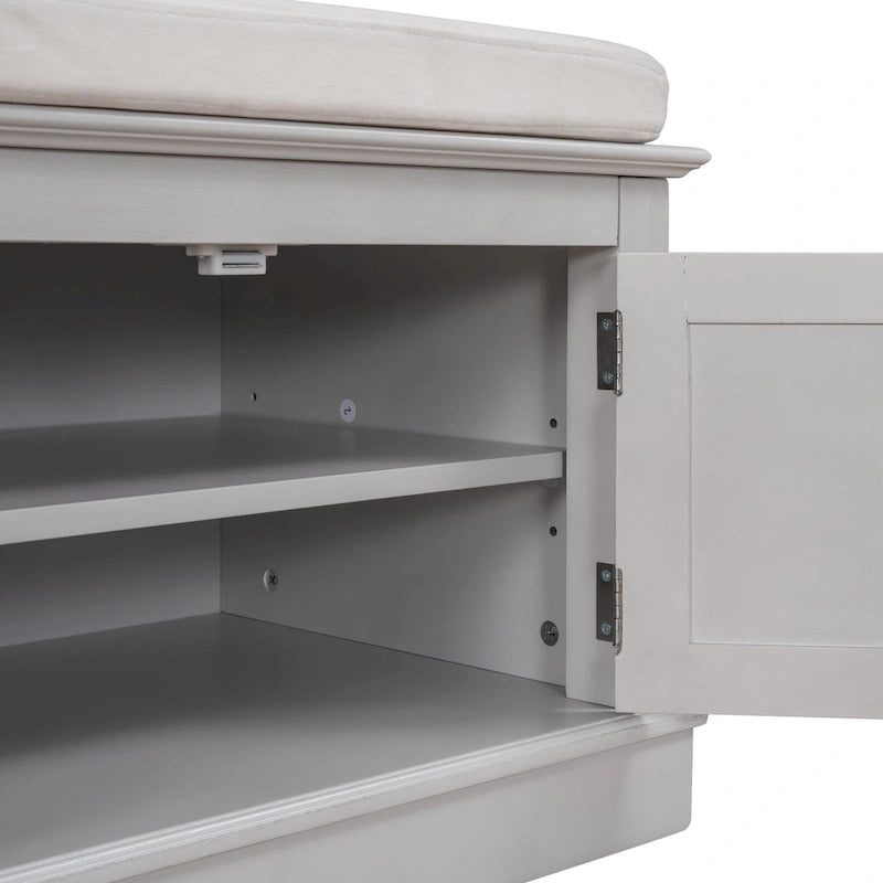 Banc de rangement avec 4 portes et étagères réglables, coussin amovible