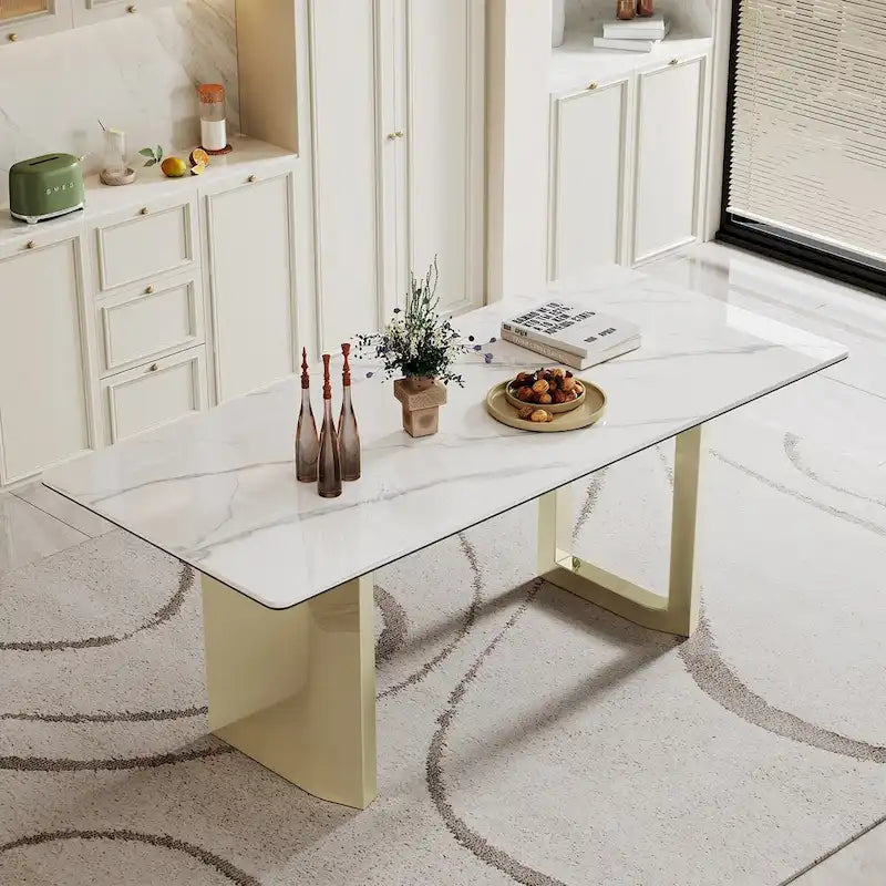 Table à manger rectangulaire en pierre frittée, verre trempé et base en acier inoxydable