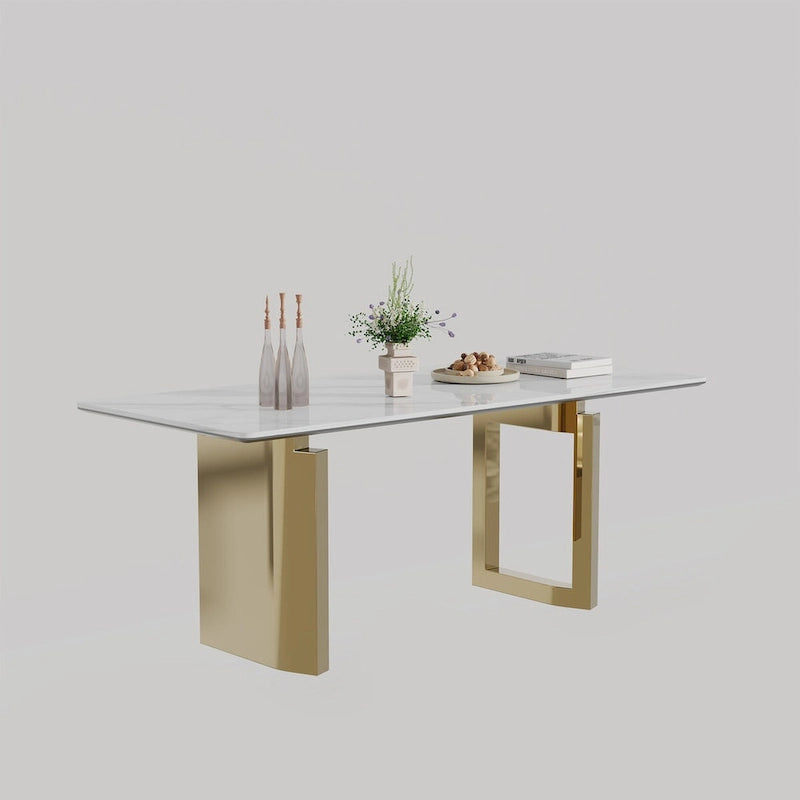 Table à manger rectangulaire en pierre frittée, verre trempé et base en acier inoxydable