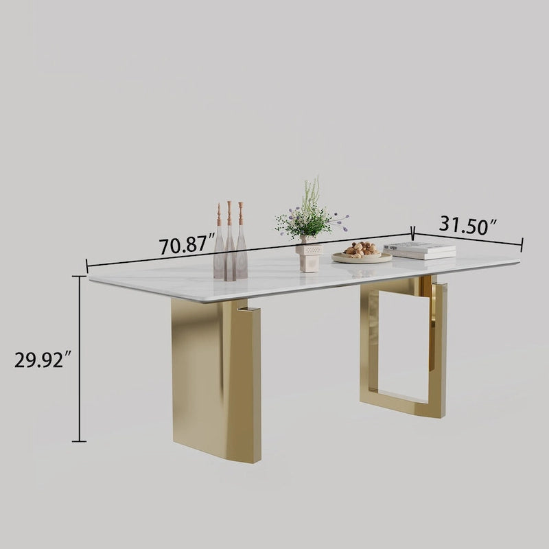 Table à manger rectangulaire en pierre frittée, verre trempé et base en acier inoxydable
