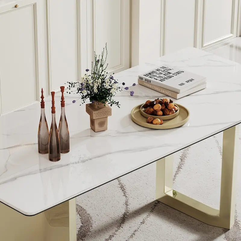 Table à manger rectangulaire en pierre frittée, verre trempé et base en acier inoxydable