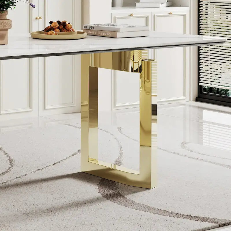 Table à manger rectangulaire en pierre frittée, verre trempé et base en acier inoxydable