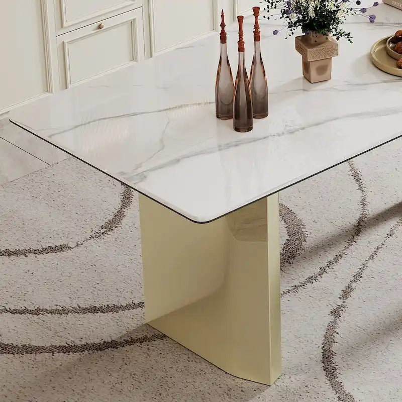 Table à manger rectangulaire en pierre frittée, verre trempé et base en acier inoxydable