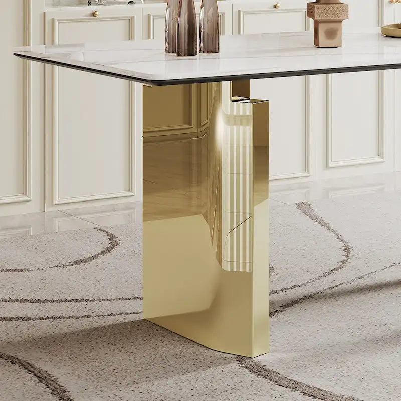 Table à manger rectangulaire en pierre frittée, verre trempé et base en acier inoxydable