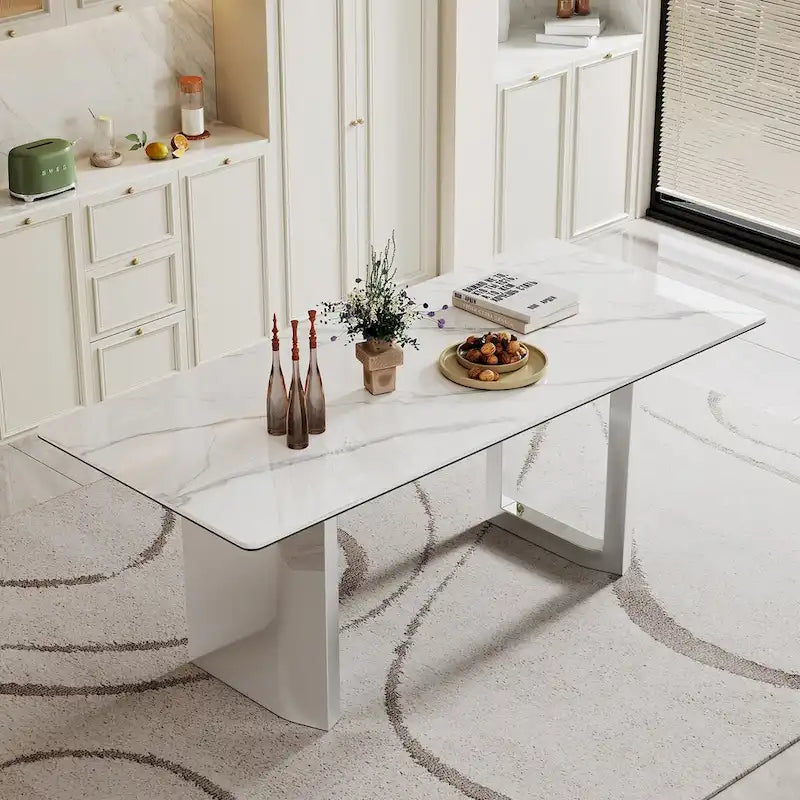 Table à manger rectangulaire en pierre frittée, verre trempé et base en acier inoxydable