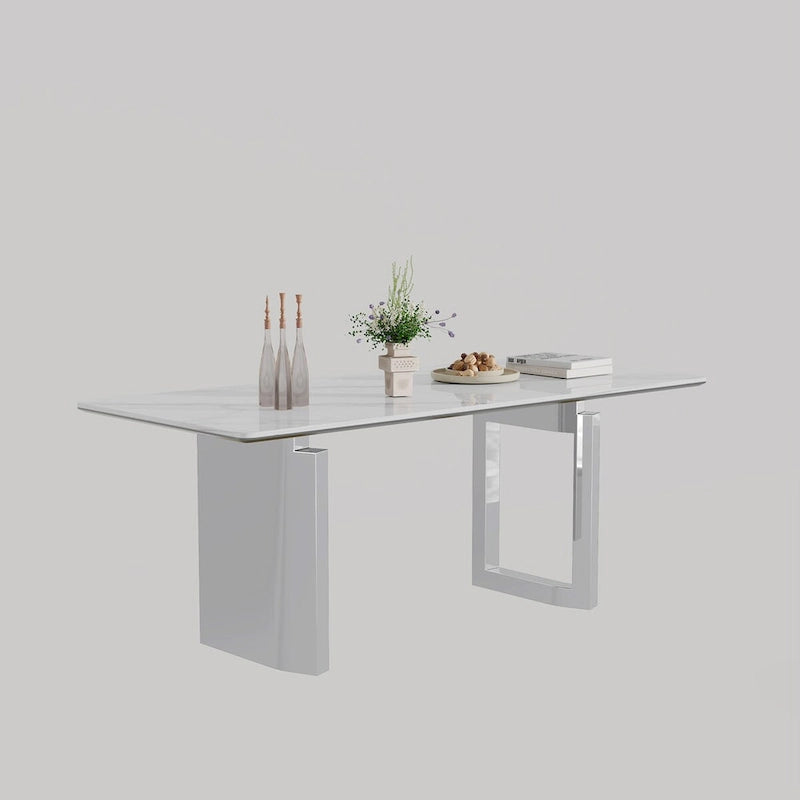 Table à manger rectangulaire en pierre frittée, verre trempé et base en acier inoxydable