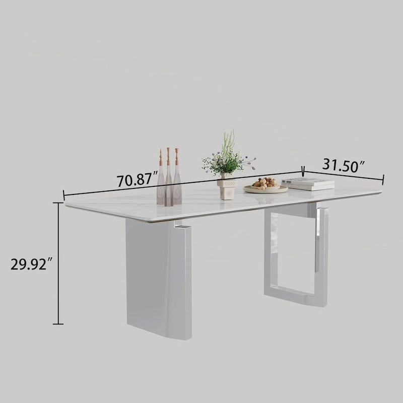 Table à manger rectangulaire en pierre frittée, verre trempé et base en acier inoxydable
