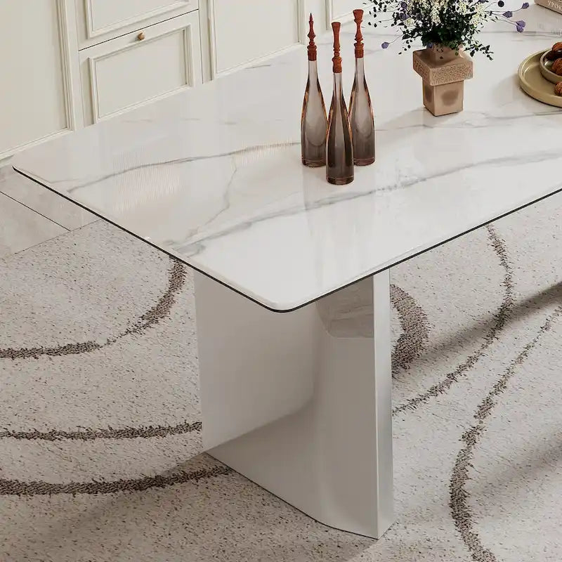Table à manger rectangulaire en pierre frittée, verre trempé et base en acier inoxydable
