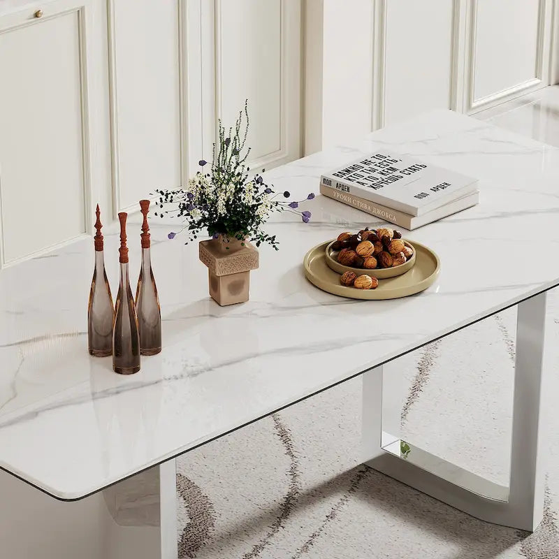 Table à manger rectangulaire en pierre frittée, verre trempé et base en acier inoxydable