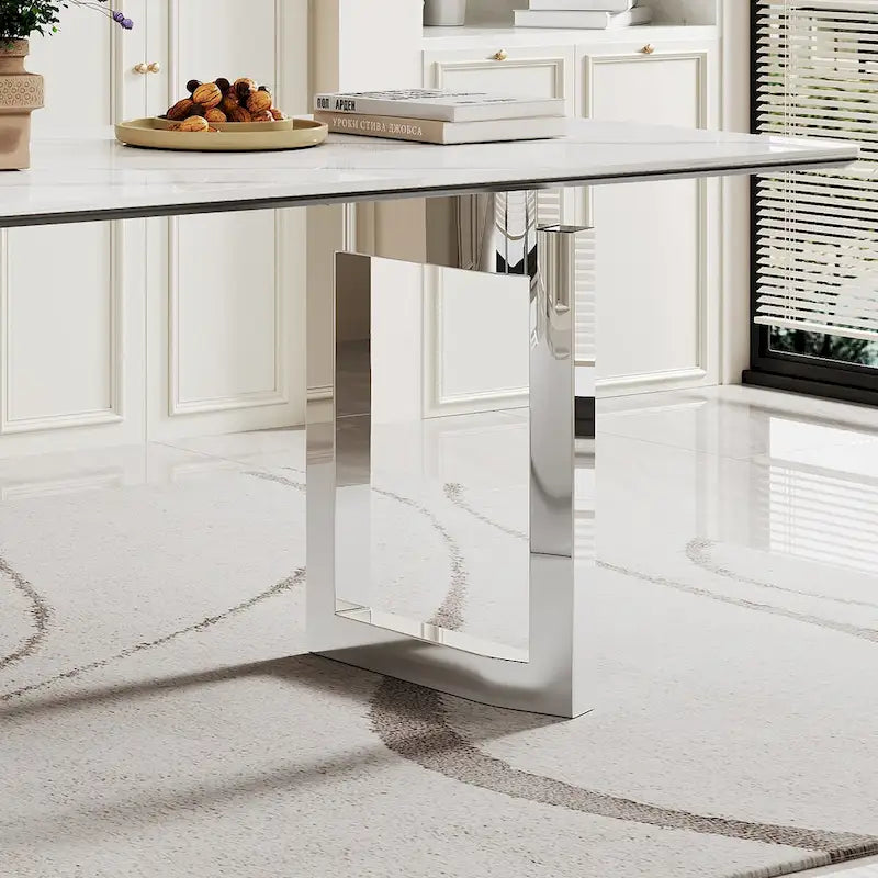 Table à manger rectangulaire en pierre frittée, verre trempé et base en acier inoxydable