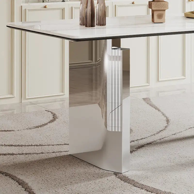 Table à manger rectangulaire en pierre frittée, verre trempé et base en acier inoxydable