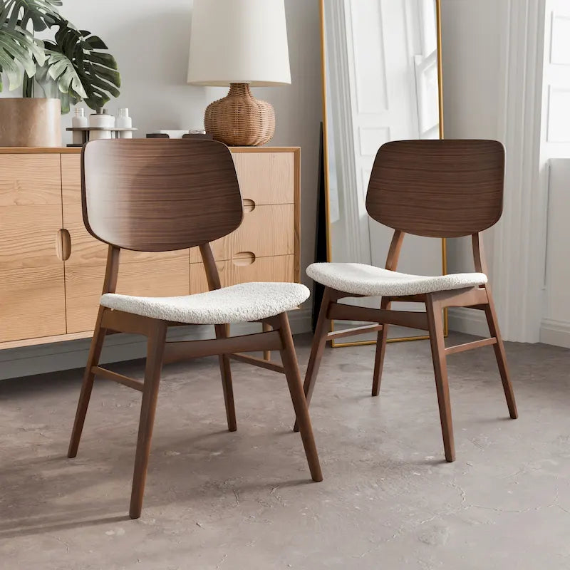 Chaise de salle à manger en noyer du milieu du siècle avec assise en bouclette