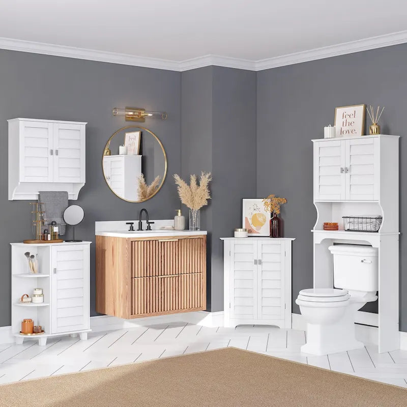 Meuble de rangement bas à porte unique et étagères latérales - Blanc