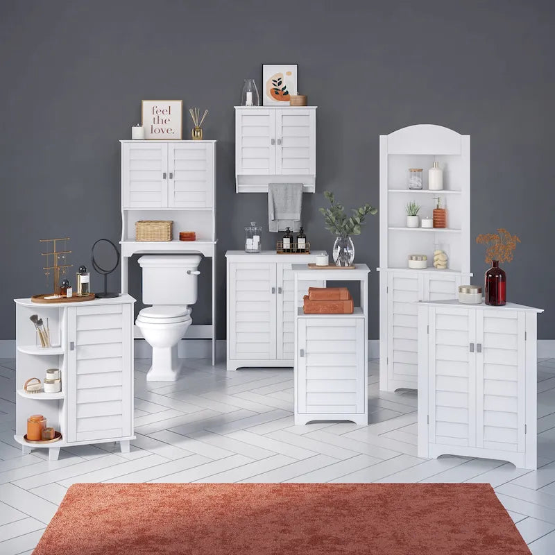 Meuble de rangement bas à porte unique et étagères latérales - Blanc