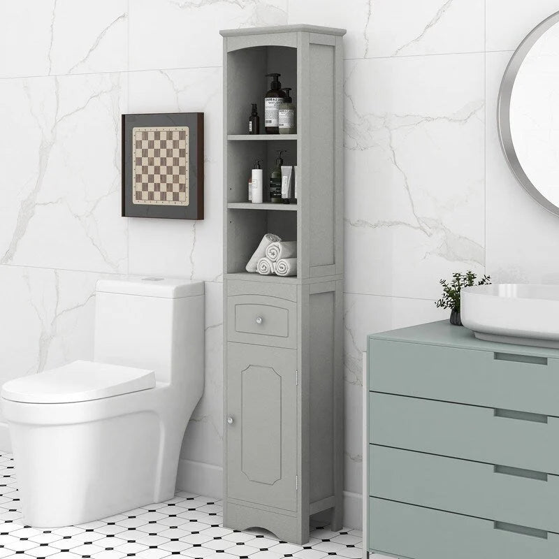 Meuble de rangement de salle de bain autoportant de 170 cm avec tiroir, porte et étagères réglables