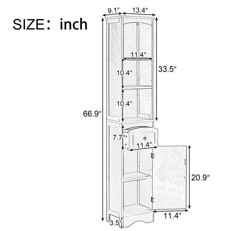 Meuble de rangement de salle de bain autoportant de 170 cm avec tiroir, porte et étagères réglables