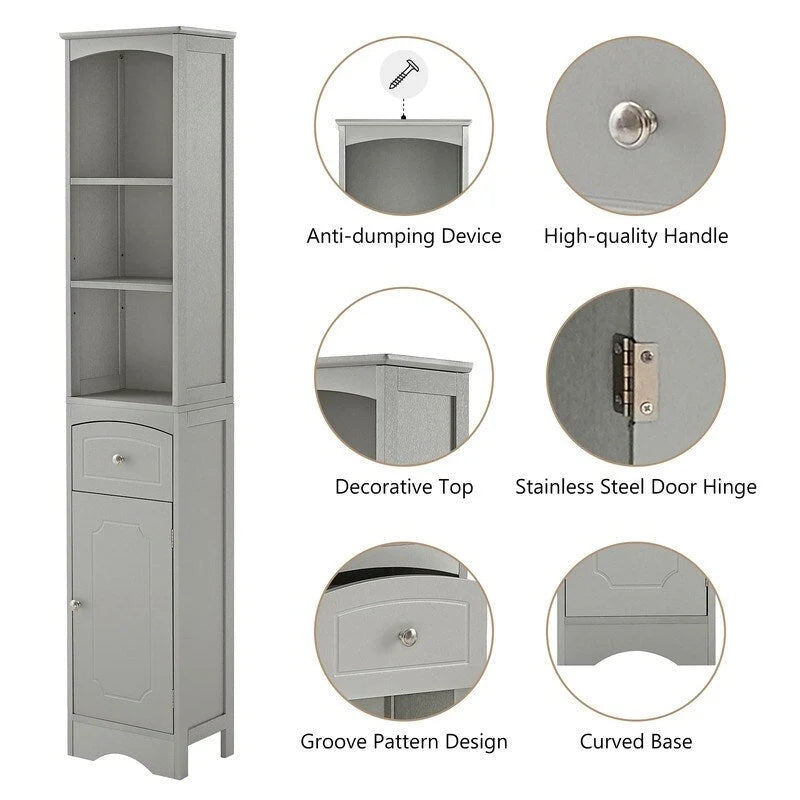Meuble de rangement de salle de bain autoportant de 170 cm avec tiroir, porte et étagères réglables