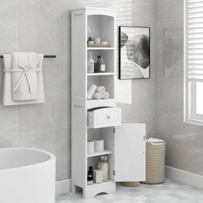 Meuble de rangement de salle de bain autoportant de 170 cm avec tiroir, porte et étagères réglables