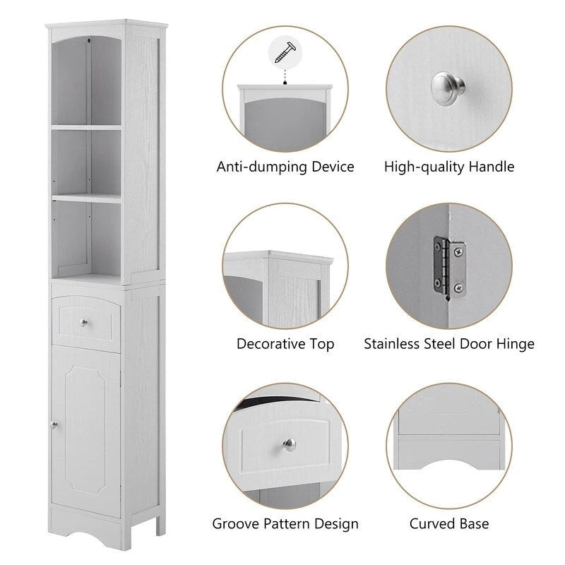 Meuble de rangement de salle de bain autoportant de 170 cm avec tiroir, porte et étagères réglables