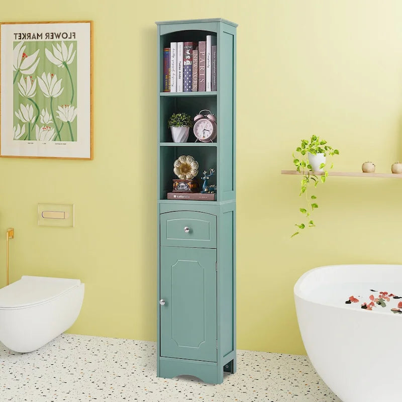 Meuble de rangement de salle de bain autoportant de 170 cm avec tiroir, porte et étagères réglables
