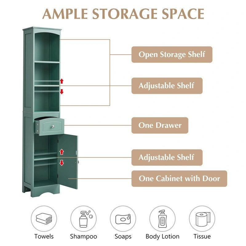 Meuble de rangement de salle de bain autoportant de 170 cm avec tiroir, porte et étagères réglables
