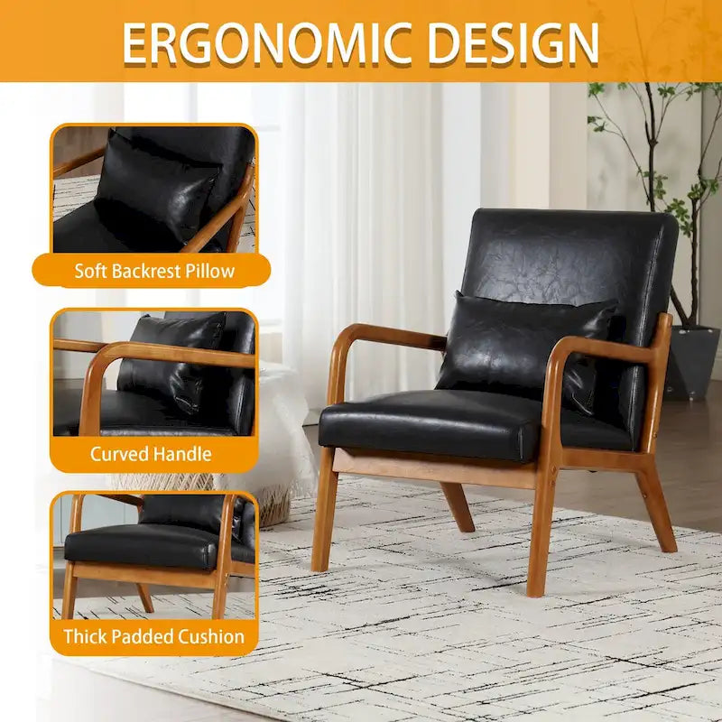 Fauteuil simple en bois avec revêtement en velours/cuir pour le salon